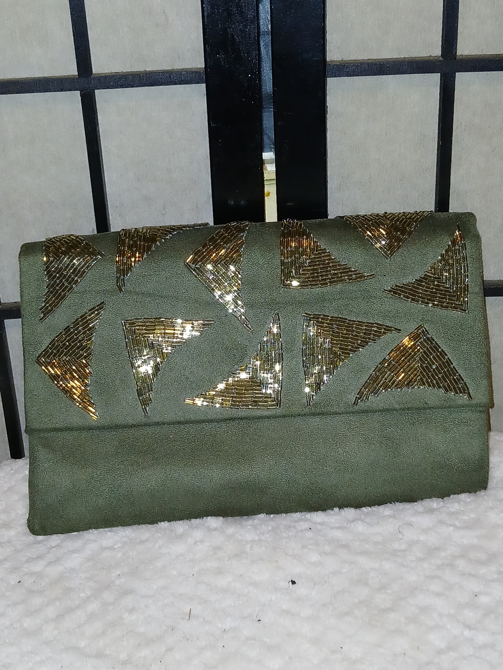 Green Embellished Clutch Handbag with Gold Sequin Accents